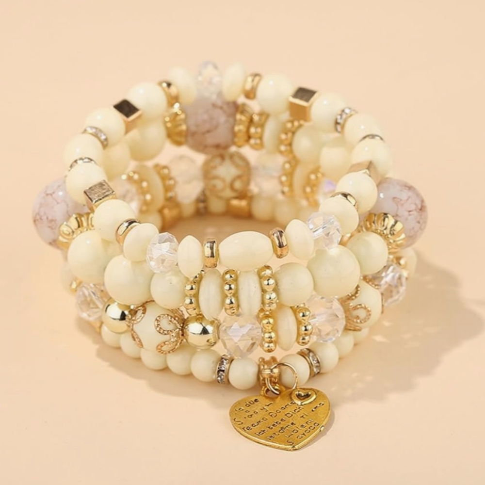3/$20🌟 Multi-Layer Faux Pearl Metallic Heart Charm Gold Beaded Bracelet Set